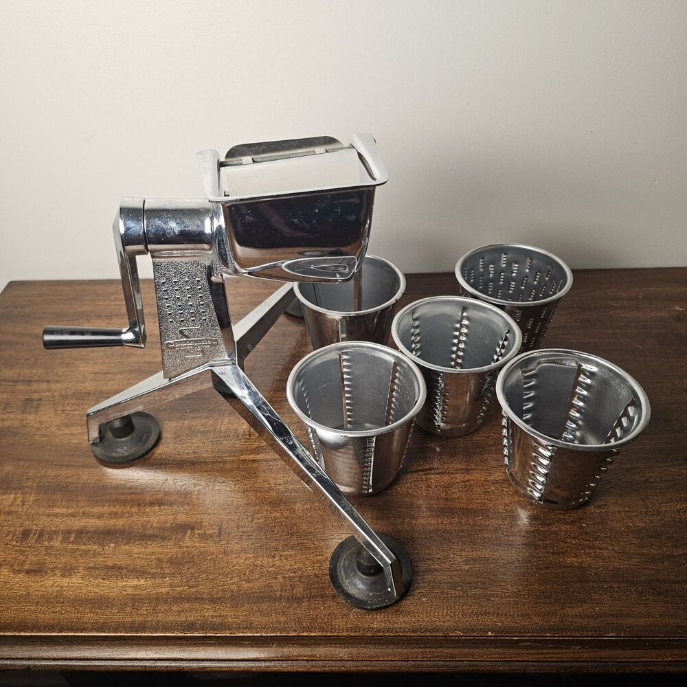 Vintage Saladmaster Manual Food Processor 5 Cones Chrome Tripod